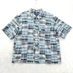 Cape Madras Shirt Men Medium Blue White Plaid Patchwork Short Sleeve Button-Down